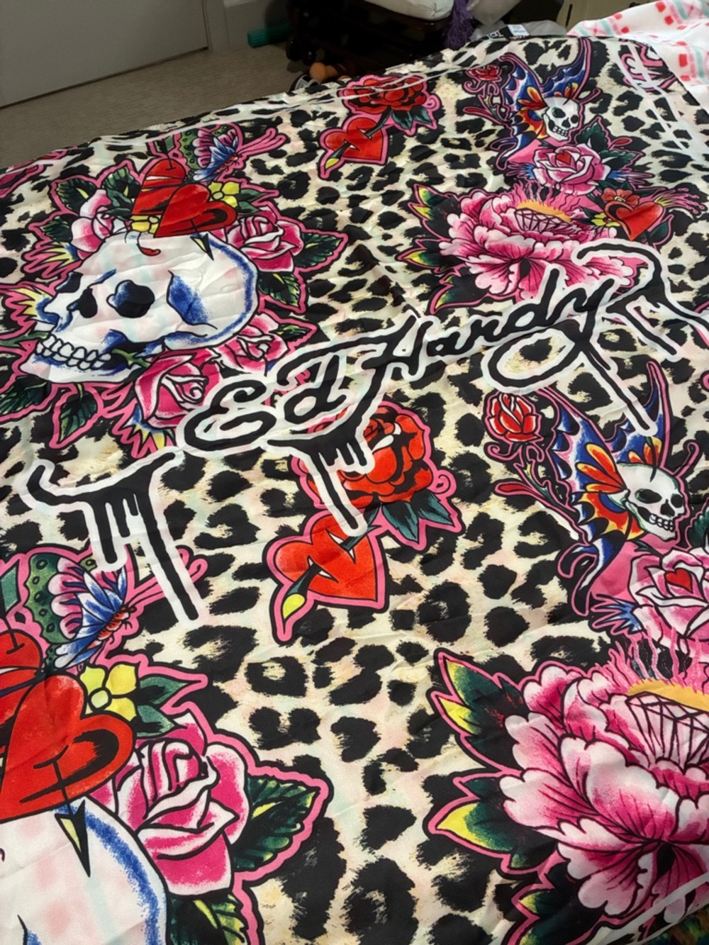 Ed Hardy Black/Pink and Red Leopard Skull Floral Large Scarf 42” x 42”